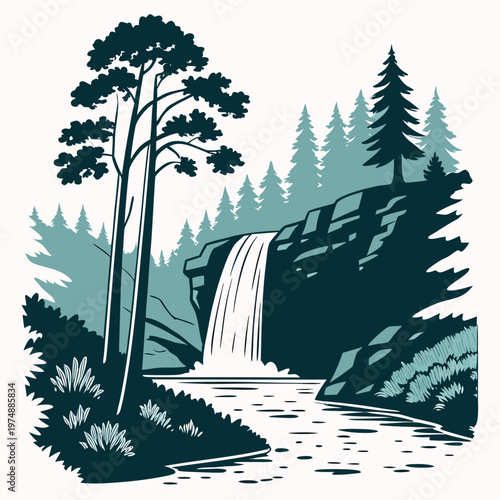 A vintage style illustration depicts a serene landscape featuring a cascading waterfall amidst lush evergreen trees and rocky terrain high quality professional
