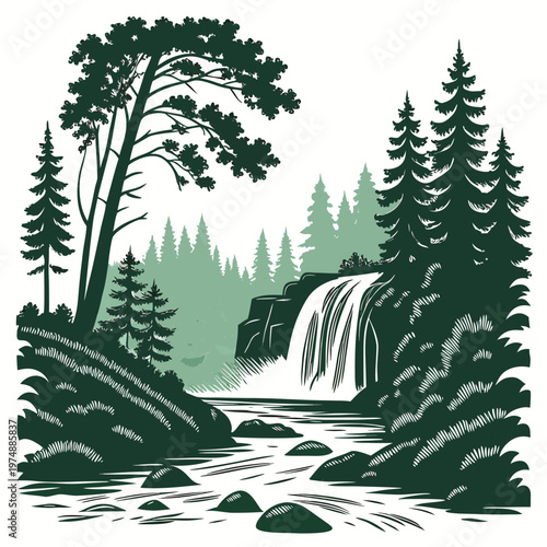 A serene landscape depicts a cascading waterfall nestled amongst dense evergreen trees and rocky terrain in a vintage style high quality professional