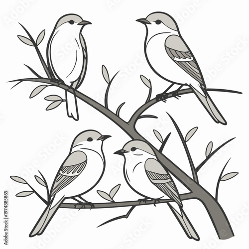 A minimalist illustration depicts four small songbirds perched on delicate branches with sparse foliage creating a peaceful scene high quality professional detailed