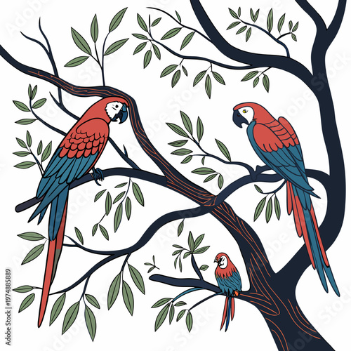 A vibrant illustration depicts three scarlet macaws perched on dark brown branches amidst lush green foliage showcasing tropical avian life high quality