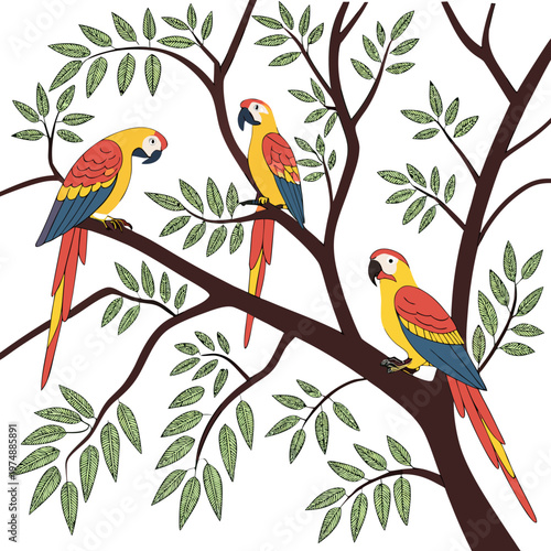 A vibrant illustration depicts three colorful macaws perched amongst the branches and lush green foliage of a tree high quality professional detailed