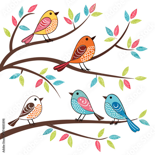 A charming illustration depicts several colorful songbirds perched on stylized branches adorned with vibrant patterned leaves high quality professional detailed modern elegant