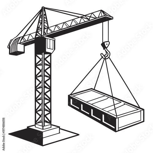 A detailed black and white illustration depicts a towering construction crane lifting a rectangular pallet with cables high quality professional modern elegant