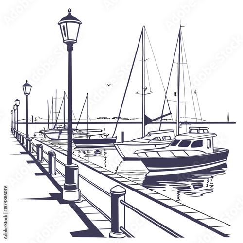 A detailed line drawing depicts a serene harbor scene with sailboats a motorboat and a picturesque waterfront promenade high quality professional modern