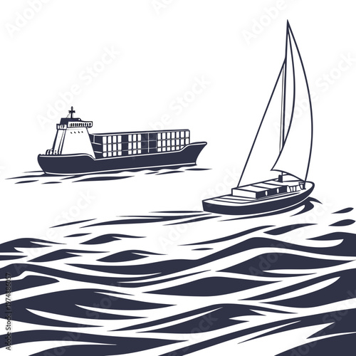 A monochromatic illustration depicts a large cargo ship and a smaller sailboat traversing wavy waters showcasing maritime transportation high quality professional detailed