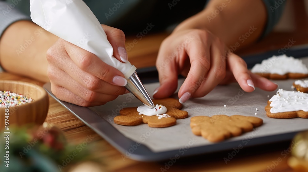 Obraz premium Hands decorating gingerbread cookies with white icing on baking tray for holiday season.