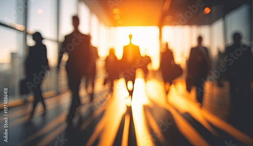 Silhouetted figures walk down a bright, sunlit hallway