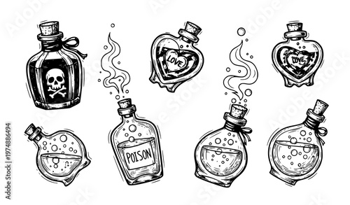 Fantasy potion bottles collection poison and love elixirs dynamic hand drawn vector illustration