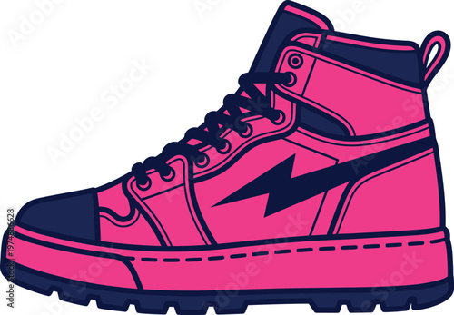 A vibrant pink high-top sneaker with navy blue accents and a distinctive lightning bolt emblem, perfect for fashion and sports enthusiasts