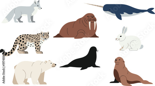 Arctic and Marine Animals Vector Illustration Set Featuring Polar Bear, Seal, Walrus, Narwhal, Arctic Fox, Leopard, Rabbit, and Sea Lion in Flat Style.