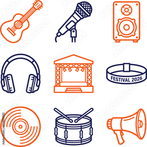 Line art icons for music festivals and concerts. Essential elements include instruments, audio equipment, stage, wristband, record. Perfect for event promotion and entertainment design