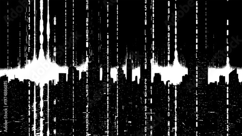 Quadro su tela Glitchy black and white distorted cityscape with white noise background texture