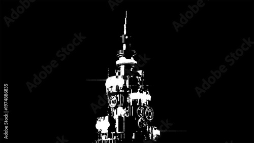 A black and white illustration of a tall tower with a spire on top texture design isolated on transparent background
