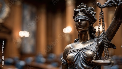 Blindfolded justice statue holding scales in ornate chamber