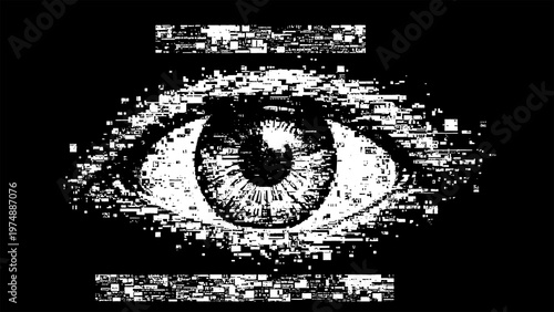 Obraz na plátne Glitchy eye with distorted pixelated effect on black background texture design i