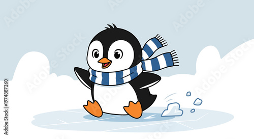 Cute cartoon penguin ice skating outdoors.