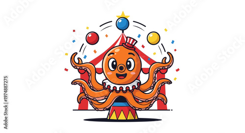 cartoon octopus juggling balls circus.