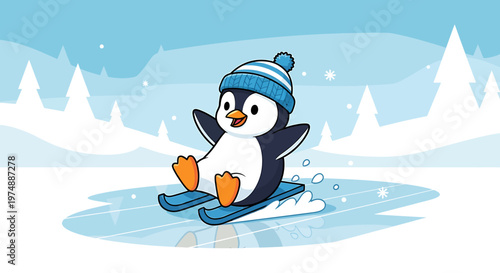 A cartoon penguin wearing winter clothing skiing on ice.