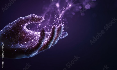 Ethereal hand conjures glowing particles against dark background