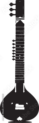 Sitar, Indian stringed instrument, black silhouette, musical vector icon