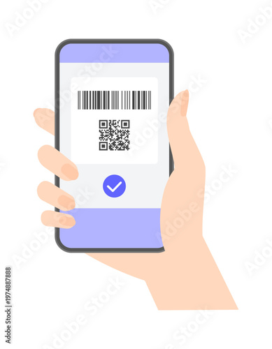 シンプルでおしゃれなバーコードとQRコードとチェックマークが表示中のスマートフォンを持つ女性の手