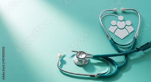 Teal stethoscope with heart shaped icon on medical background