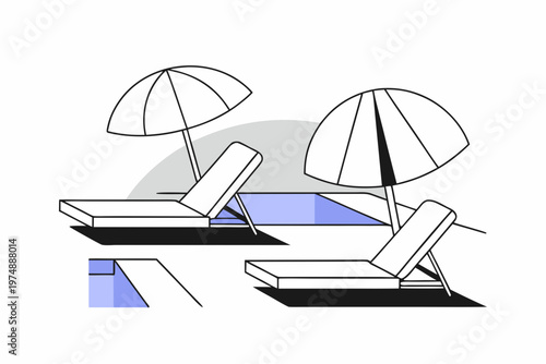 Minimalist vector graphic illustration of sun loungers with open parasols placed beside a clean blue outdoor swimming pool area