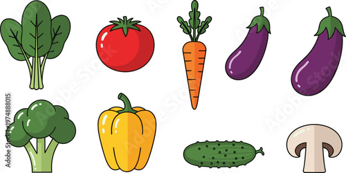 Cartoon Vegetables Set with Spinach, Tomato, Carrot, Eggplant, Broccoli, Cucumber, and Mushroom for Healthy Food and Nutrition Designs