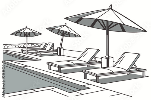 Poolside resort lounge area illustration with several empty deck chairs and large parasols offering a relaxing summer design.
