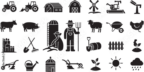 Agricultural icons and farm equipment on white background