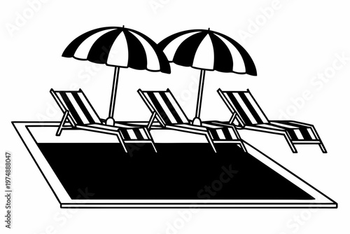 Monochrome vector illustration featuring three empty beach lounge chairs placed beside a swimming pool under two classic open parasol umbrellas