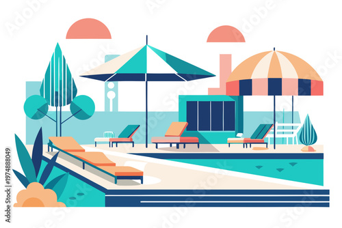 Vibrant vector illustration of a luxurious outdoor poolside lounge area with umbrellas and comfortable chairs, perfect for relaxation.