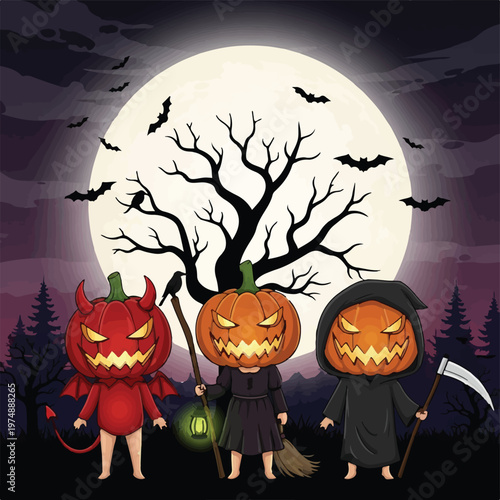 Halloween Characters Moonlit Forest Night