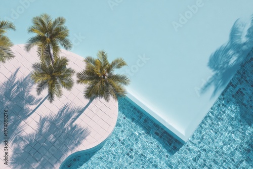 Sun-drenched poolside with palm trees and rippling water