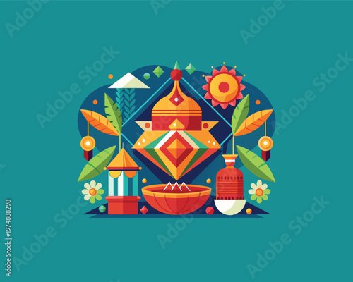 South Indian New Year Celebration Concept - Bold Geometric Vector Art of Ugadi Pachadi and Neem Flowers.