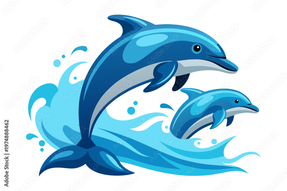 Obraz premium Dynamic vector illustration featuring two playful blue dolphins leaping gracefully through splashing ocean waves for a vibrant marine graphic design