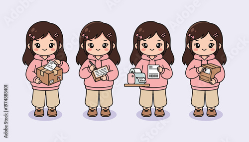 Cute cartoon girl preparing packages for online store shipping and delivery fulfillment tasks