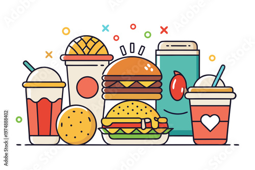 A vibrant fast food vector illustration displaying a variety of popular takeaway snacks and drinks with a modern, clean line art design.