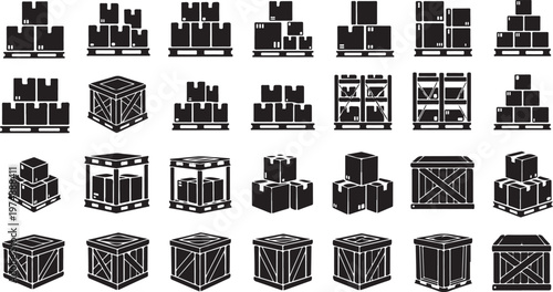 Various cardboard boxes and shipping crates icon set collection