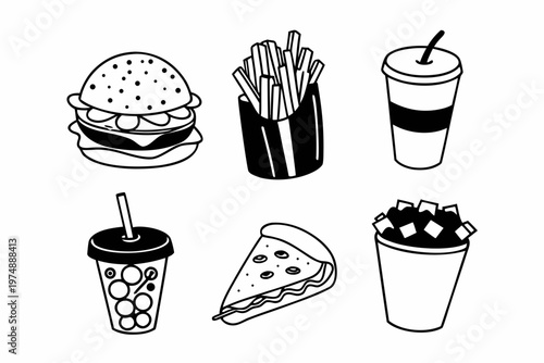 Minimalist black and white vector graphic illustration set showcasing popular fast food icons including a burger, fries, and refreshing drinks.