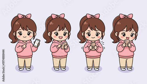 Adorable cartoon girl character illustrations using smartphones for online chat and communication