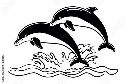 Two playful vector graphic dolphins joyfully leaping from the ocean water with energetic splashes, a charming illustration.