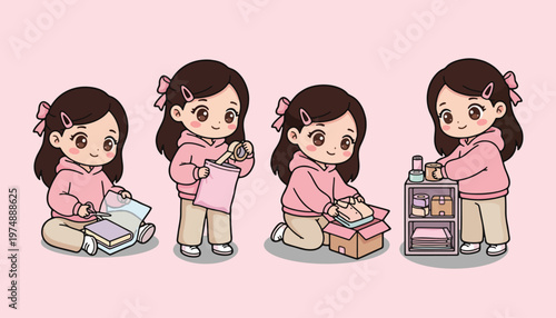 Chibi girl online seller packing process preparing orders cute cartoon vector illustration