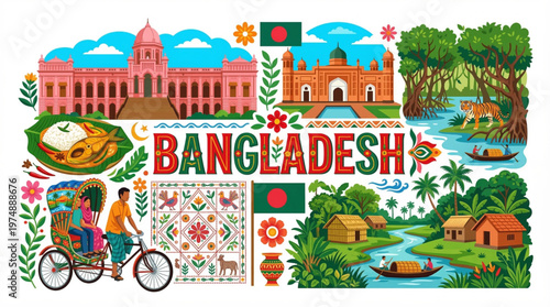 Vibrant illustration showcasing the rich culture and landmarks of Bangladesh