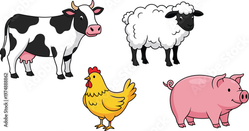 Cartoon Farm Animals Set with Cow, Sheep, Chicken, and Pig for Agricultural, Farm Life, and Animal Lover Designs