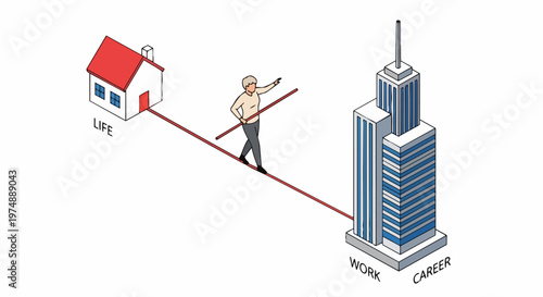 Work Life Balance Concept: Isometric Illustration of a Person Tightrope Walking Between Home and Corporate Office Building