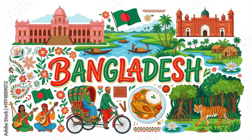 Vibrant illustration showcasing the rich culture and landmarks of Bangladesh