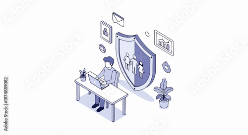 Isometric Illustration of Man Working on Laptop with Family Protection Shield for Data Privacy and Cyber Security Concept