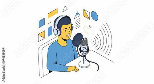 Man Hosting Podcast or Radio Show with Professional Microphone and Headphones, Flat Line Art Isometric Vector Illustration