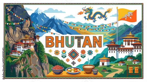 Bhutan travel collage featuring landmarks, culture, and people